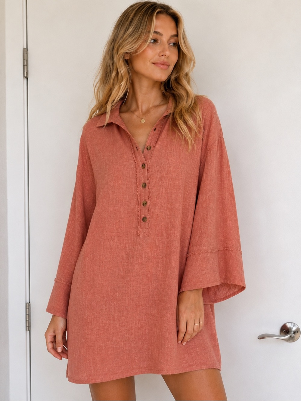 Free People Rust Coral Button-Front Midi Dress